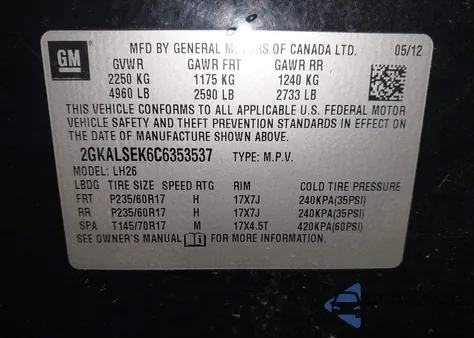 2012 GMC Terrain Sle-2 from USA, damaged, VIN 2GKALSEK6C6353537